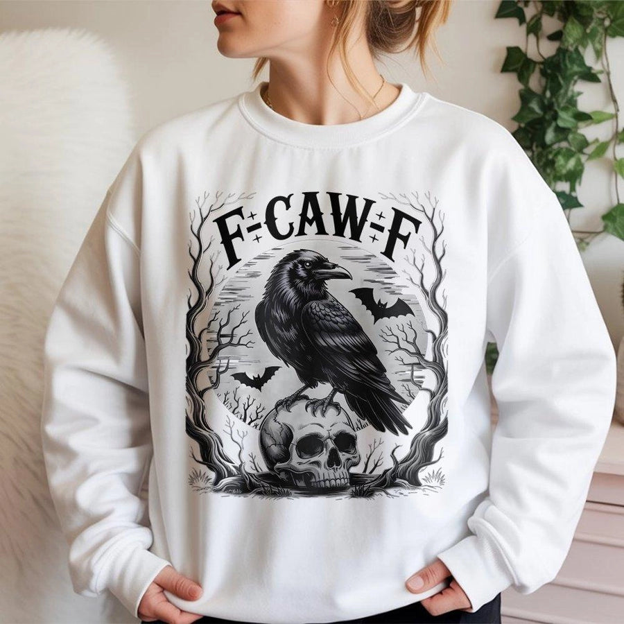 Gothic Raven Skull Sweatshirt | Funny Crow Pun F-Caw-F Graphic | Premium Cotton Blend Unisex Crewneck | Dark Academia Halloween Gift for Bird Lovers