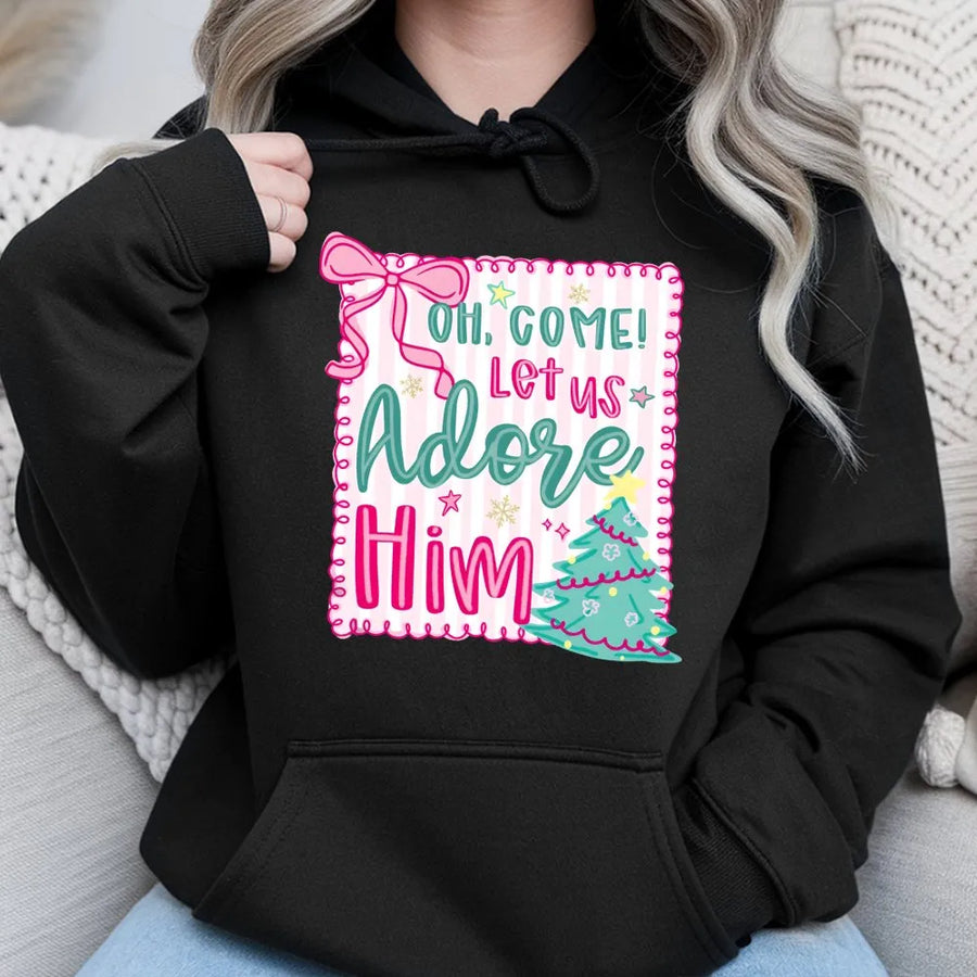 Oh Come Let Us Adore Him Hoodie | Pink Coquette Christmas Graphic | Premium Cotton Blend | Christian Religious Holiday Gift