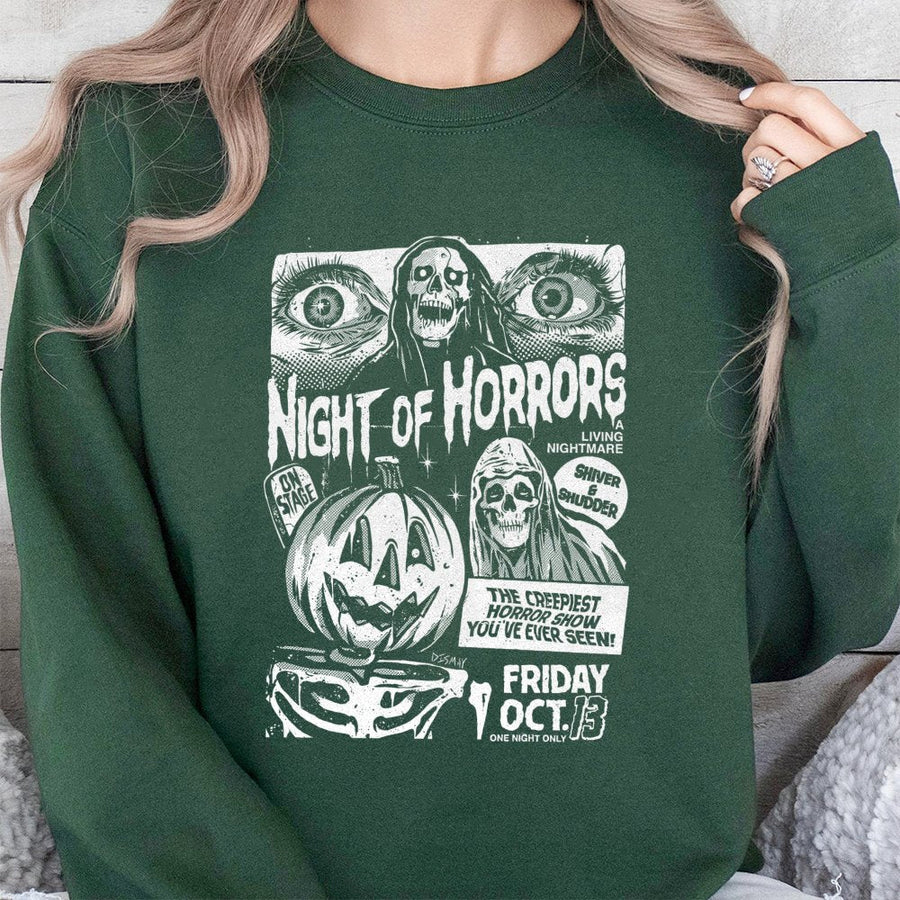 Night of Horrors Sweatshirt | Vintage Halloween Horror Movie Poster Design | Premium Cotton Blend | Retro Spooky Aesthetic Gift for Horror Fans