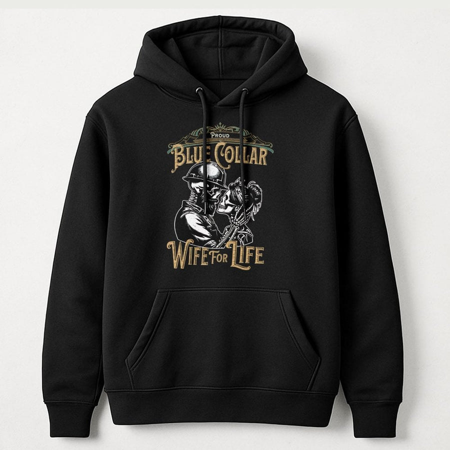 Blue Collar Wife Hoodie | Skull Couple Graphic Sweatshirt | Soft Cotton-Poly Blend | Premium Gift for Tradesman Wife