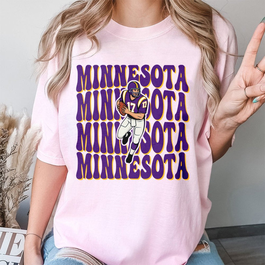Minnesota Repeating Retro Text With A Minnesota Vikings Football Player Graphic T-Shirt