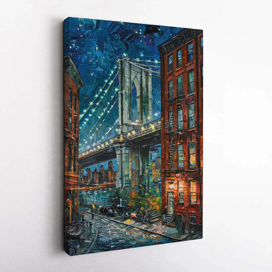 Brooklyn Bridge Canvas Art | Impasto Night Cityscape Print | Premium Gallery Wrap Decor | New York City Gift for Home or Office