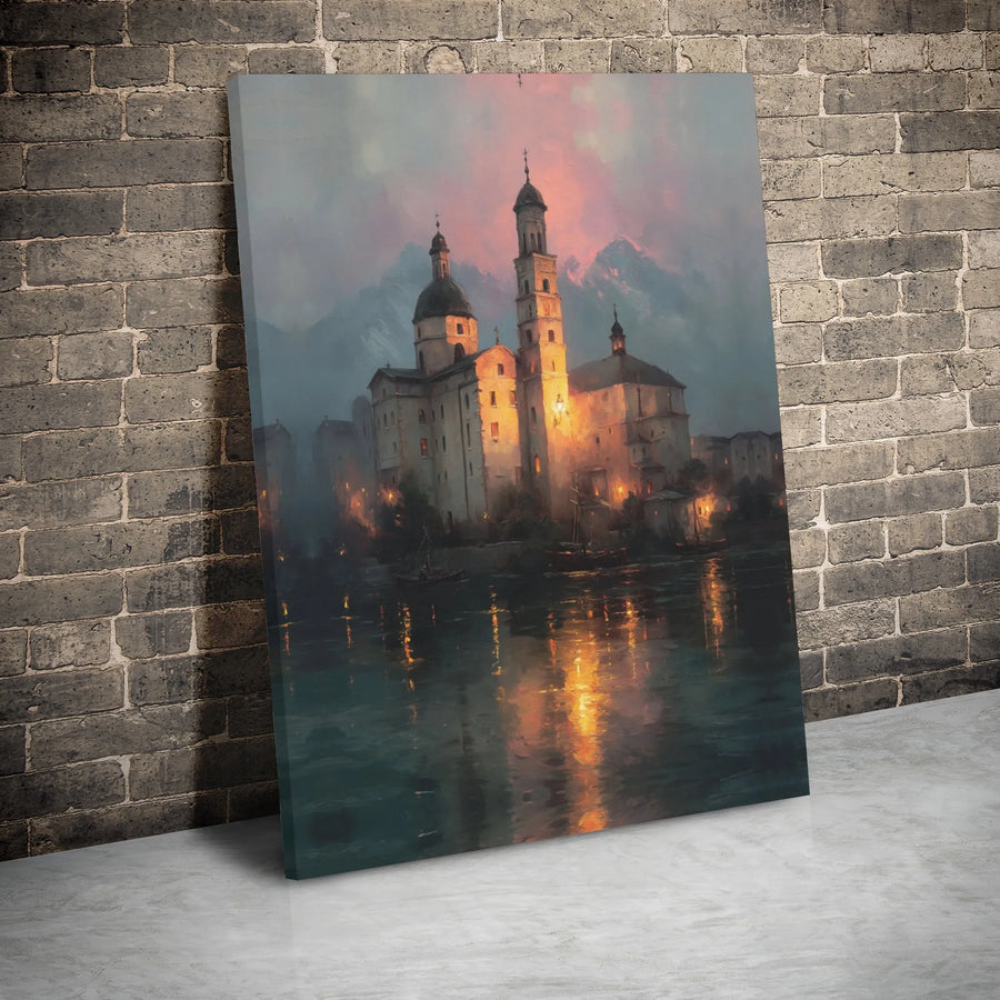 Old World Monastery Canvas Wall Art | Romantic European Landscape Sunset | Premium 1.25" Gallery Wrap | Scenic Living Room Decor Gift
