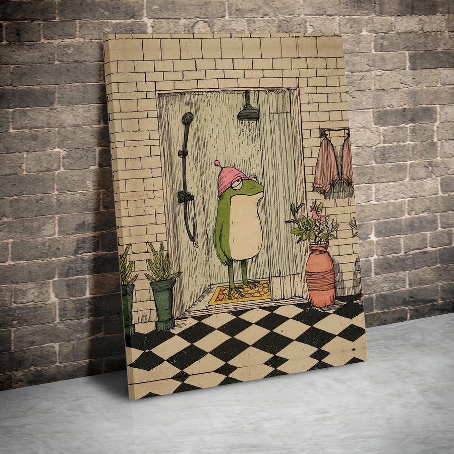 Funny Frog in Shower Canvas | Whimsical Bathroom Wall Art | Premium Gallery Wrapped Print | Cute Animal Gift for Home Decor