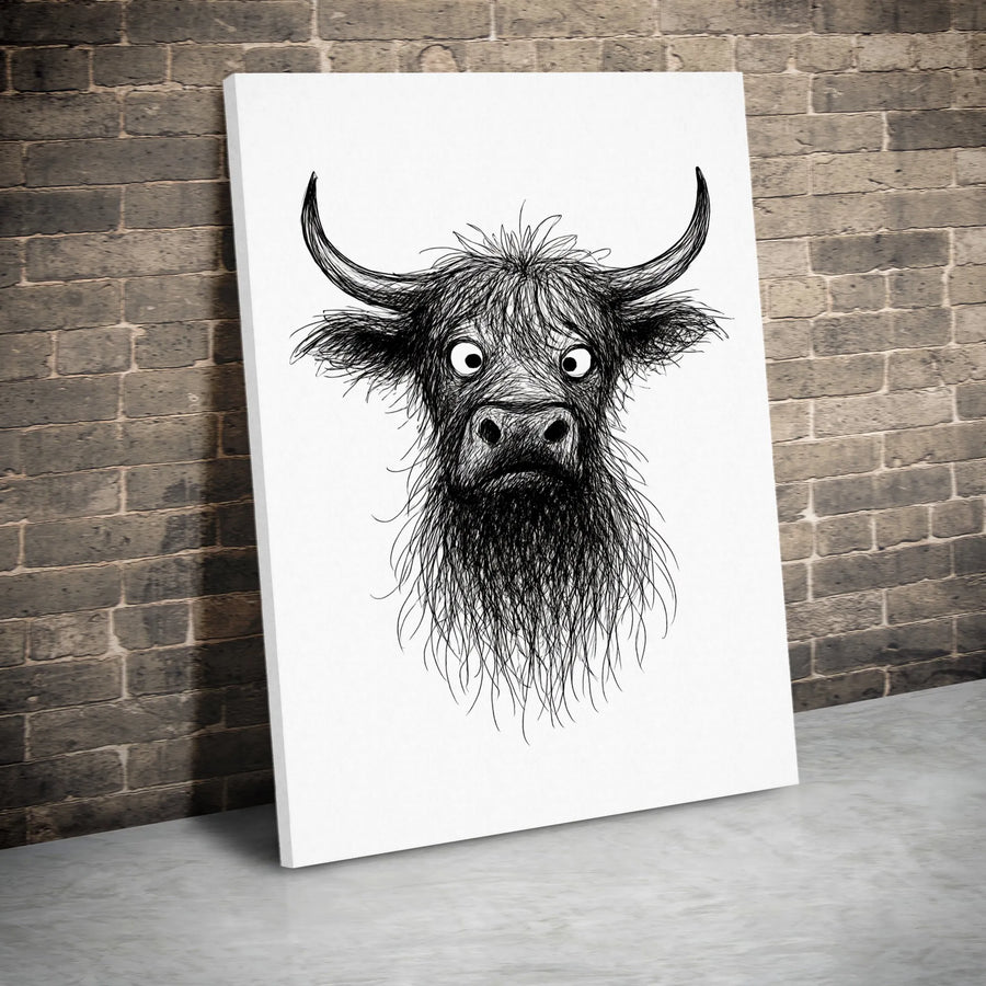 Highland Cow Canvas Wall Art | Funny Black and White Sketch Drawing | Premium Gallery Wrapped Print | Modern Farmhouse Decor Gift