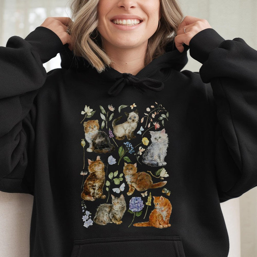 Cottagecore Cat Hoodie | Floral Kitten Botanical Graphic | Premium Cotton Blend Sweatshirt | Gift For Cat Lovers Women Men