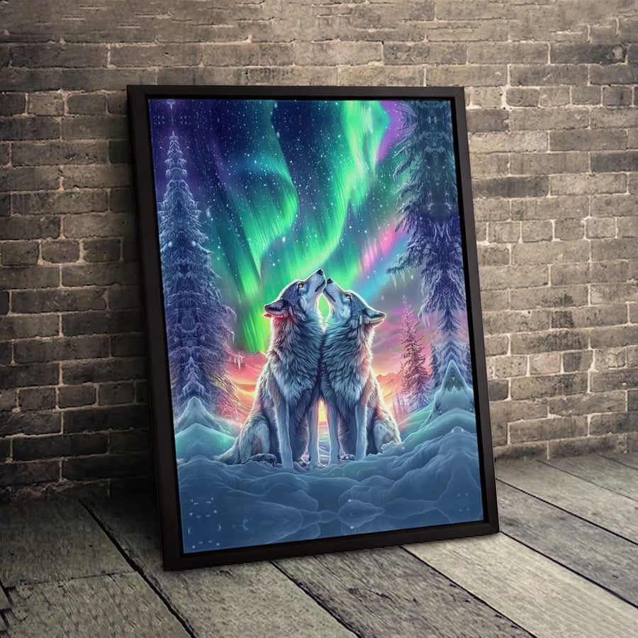 Two Wolves Canvas Print | Northern Lights Aurora Borealis Wall Art | Gallery-Quality 1.25-Inch Profile | Nature Wildlife Decor for Home Office
