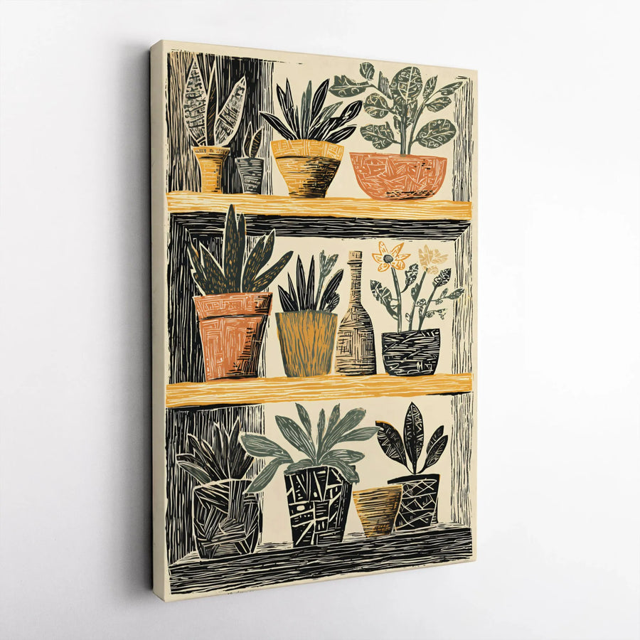 Potted Plants Vertical Canvas | Linocut Style Botanical Art Print | Premium Thick Gallery Wrap | Boho Home Decor Gift for Plant Lover