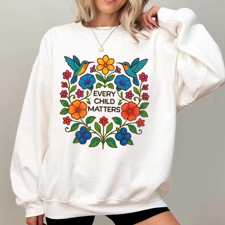 Every Child Matters Sweatshirt | Floral Hummingbird Indigenous Design | Premium Cotton Blend | Awareness Gift For Women And Men