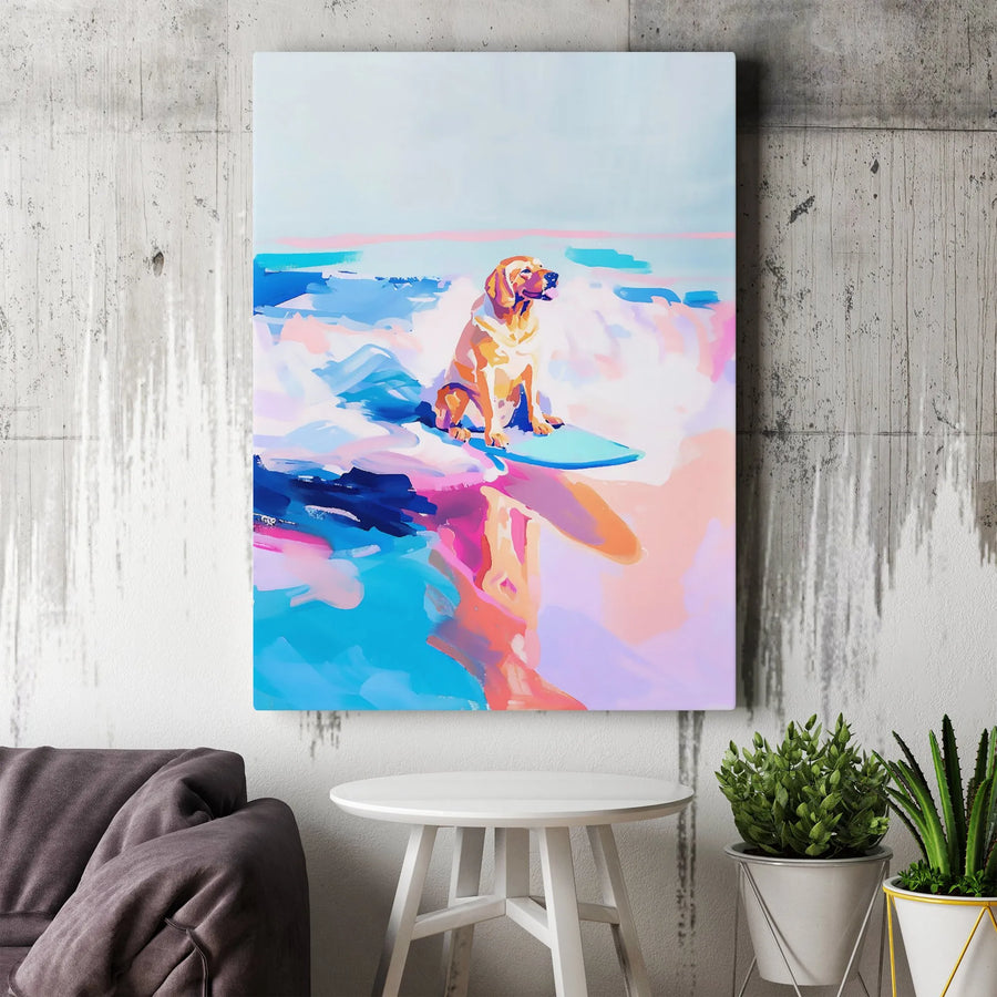 Surfing Labrador Canvas Art | Colorful Abstract Dog Ocean Print | 1.25 Inch Premium Gallery Wrap | Coastal Beach House Wall Decor Gift