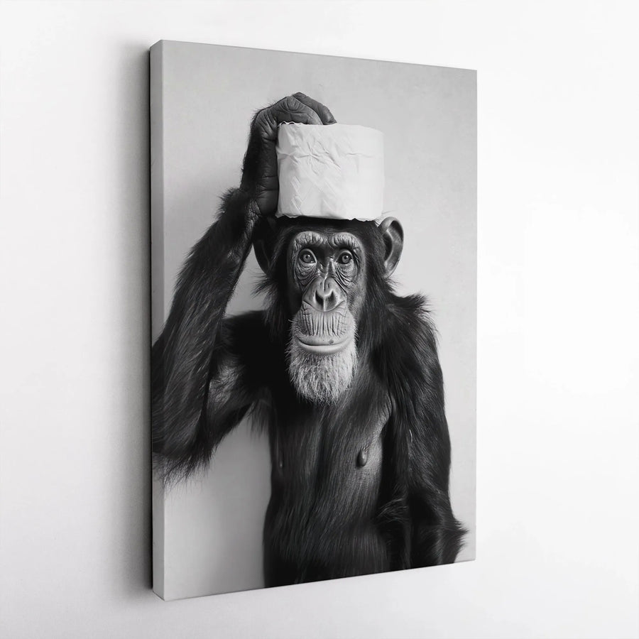 Funny Chimpanzee Wall Art | Humorous Toilet Paper Monkey Decor | Premium Gallery Wrap Canvas | Unique Bathroom Home Gift Idea