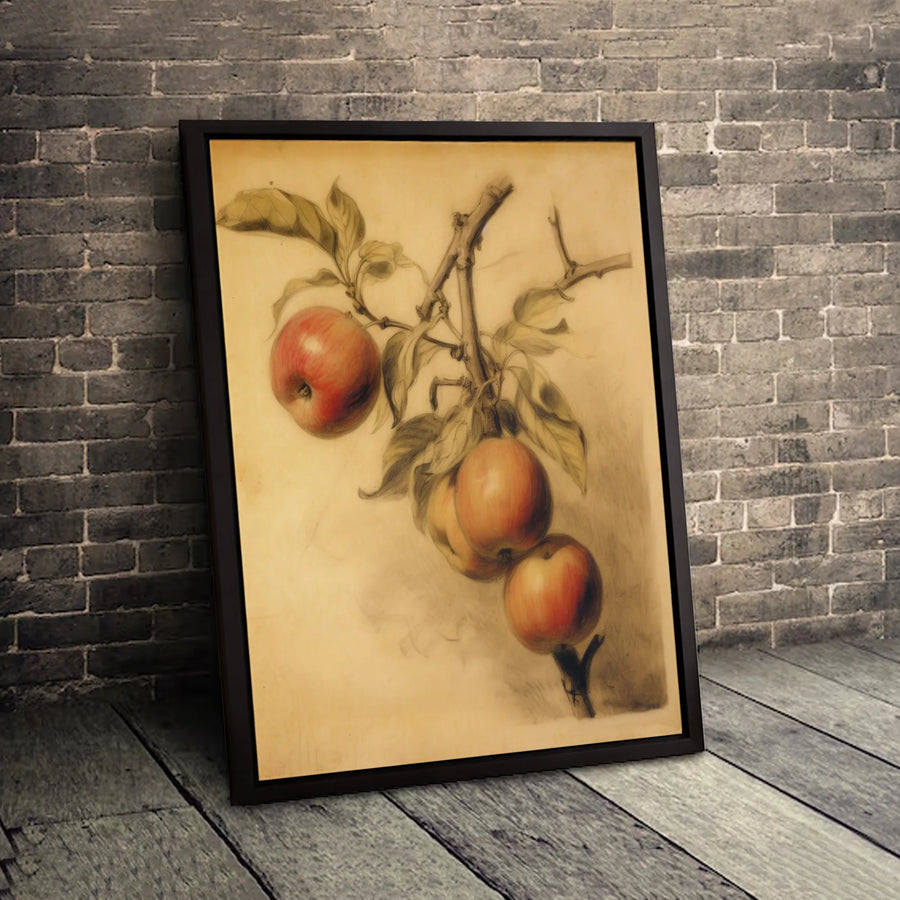 Vintage Apple Botanical Wall Art | Rustic Fruit Branch Sketch | Premium Gallery Wrapped Canvas | Farmhouse Kitchen & Dining Room Decor