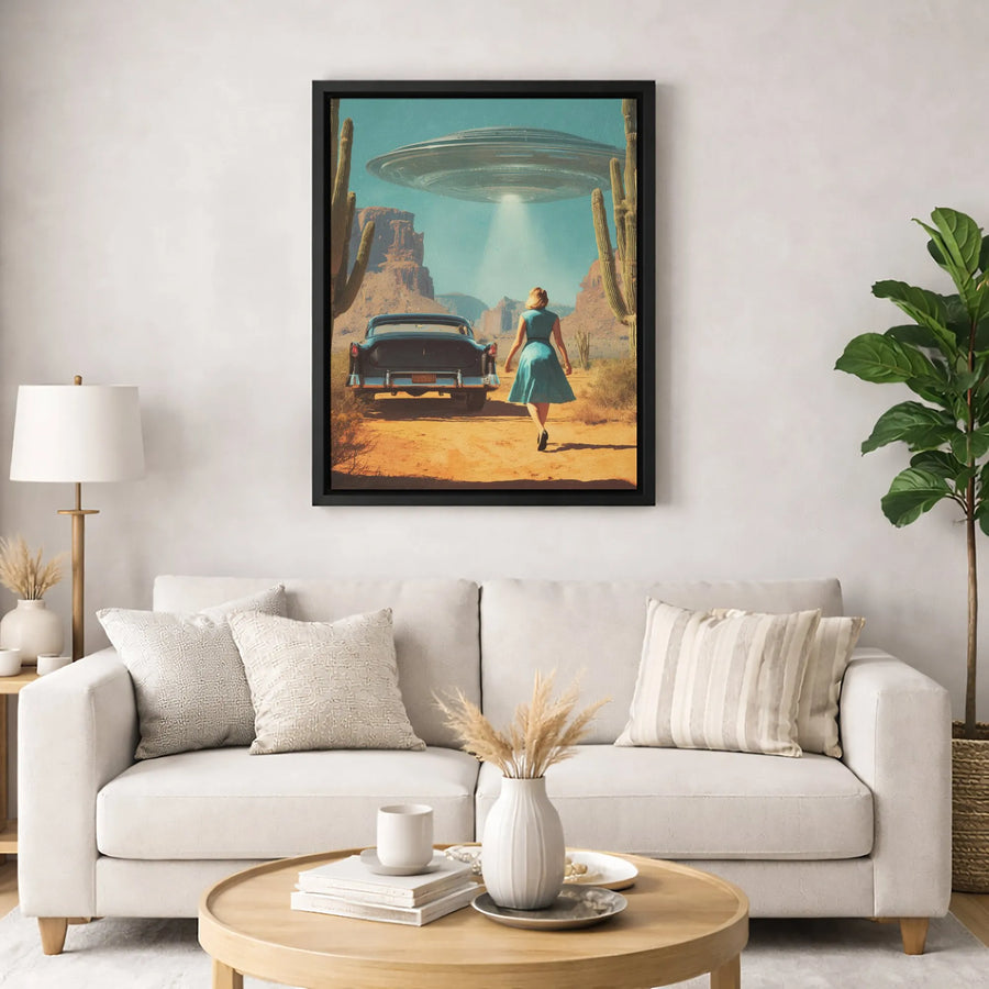 Retro UFO Abduction Canvas Print | Vintage Desert 1950s Sci-Fi Scene | Premium Gallery-Wrapped Art | Unique Sci-Fi Wall Decor Gift