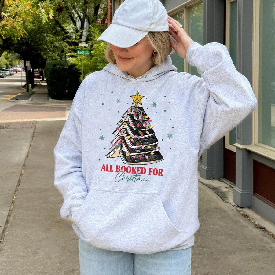All Booked For Christmas Hoodie | Book Lover Christmas Tree Graphic | Premium Cotton Blend Sweatshirt | Cozy Gift For Readers And Librarians