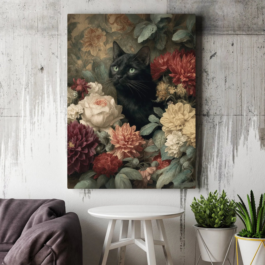 Black Cat Wall Art Canvas | Vintage Floral Garden Oil Painting | Premium Gallery Wrapped Decor | Gift for Cat Lovers and Botanical Art Enthusiasts