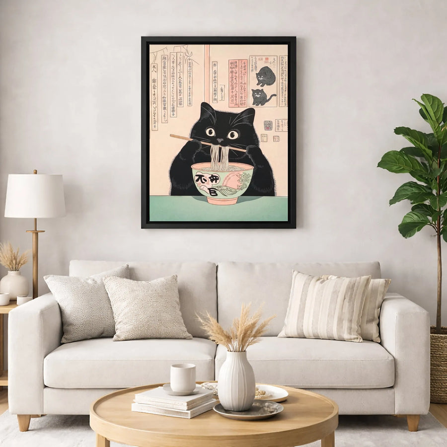Black Cat Ramen Wall Art | Japanese Ukiyo-E Cat Print | Premium Gallery Wrap Canvas | Unique Kitchen Decor Gift for Cat Lovers