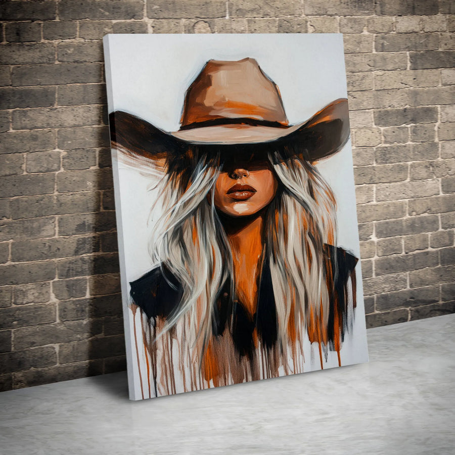 Cowgirl Portrait Canvas Wall Art | Western Blonde Cowgirl In Cowboy Hat | Premium Fade-Resistant Print | Rustic Home Decor Gift For Her