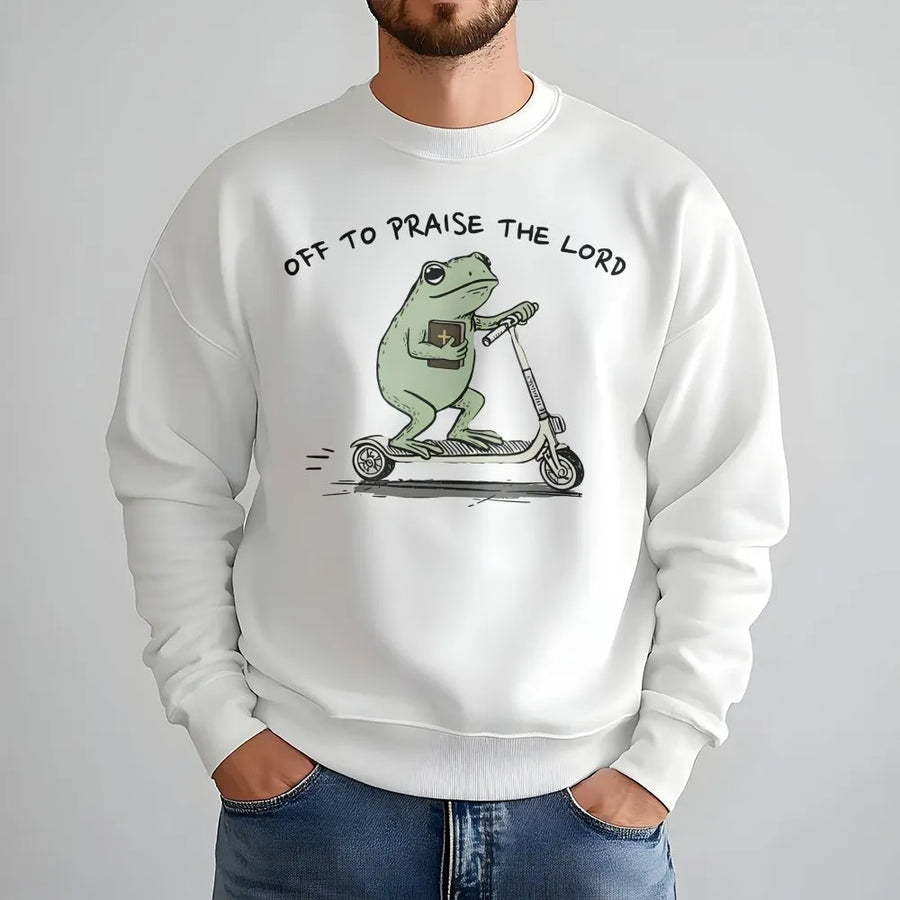 Funny Christian Frog Sweatshirt | Off To Praise The Lord Graphic | Premium Cotton-Blend | Bible Study Gift for Men & Women