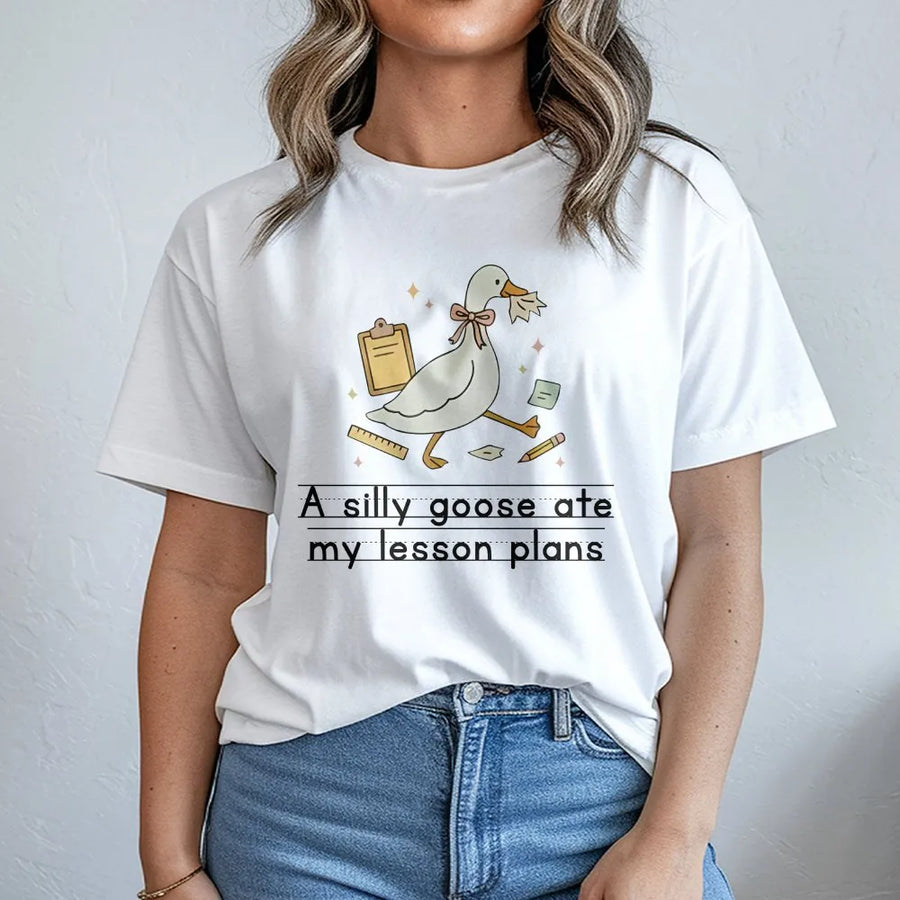 Silly Goose Teacher T-Shirt | Funny 'Ate My Lesson Plans' Graphic | Cozy Unisex Crewneck | Back to School & Appreciation Gift for Teachers