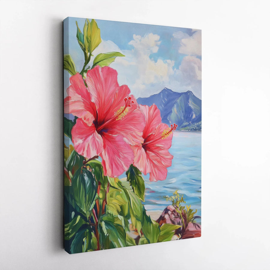 Tropical Hibiscus Canvas Wall Art | Vibrant Coastal Seascape Painting Print | Premium Gallery Canvas | Living Room Botanical Decor Gift
