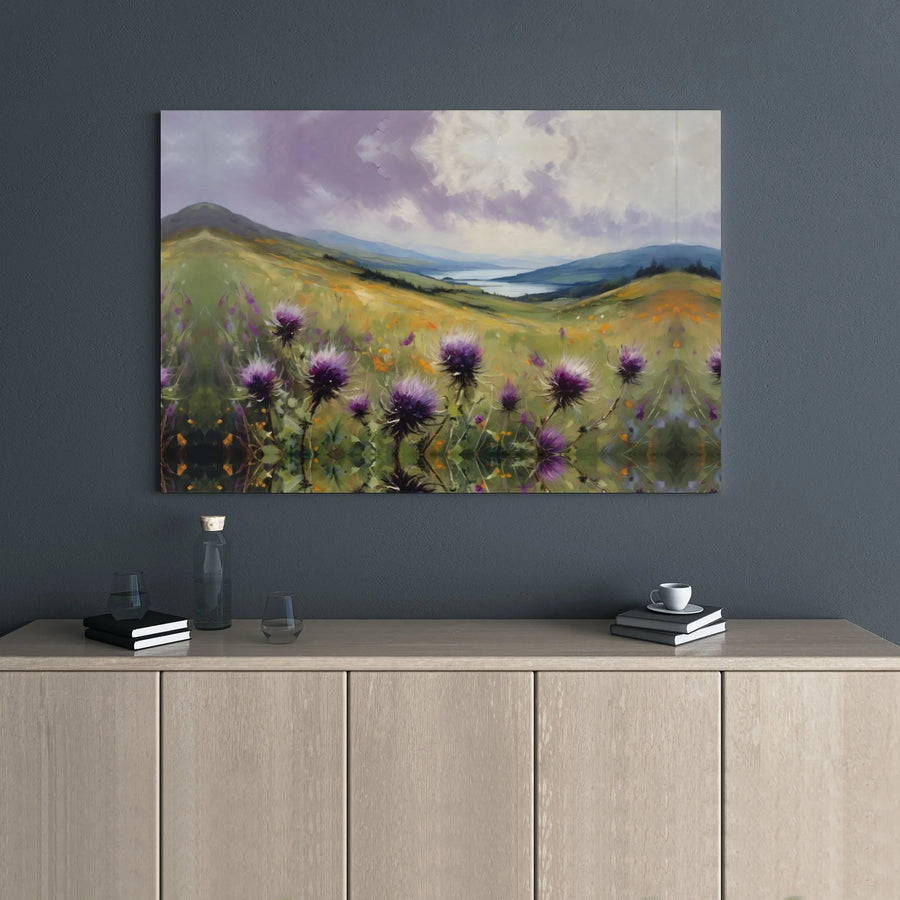 Scottish Highlands Landscape Canvas | Purple Thistle Meadow Art | Premium Gallery Wrap Print | Nature Wall Decor Gift for Nature Lovers