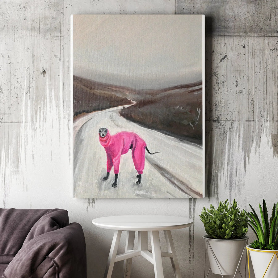 Funny Greyhound Canvas Print | Dog in Pink Snowsuit Art | Premium Gallery Wrapped Canvas | Humorous Wall Decor Gift for Dog Lovers