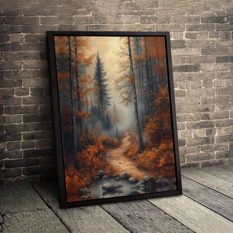 Misty Autumn Forest Canvas Wall Art | Serene Woodland Path With Stream | Gallery-Wrapped Premium Print | Nature-Inspired Home Decor Gift