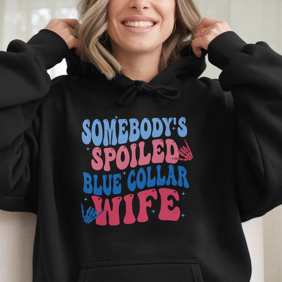 Somebody's Spoiled Blue Collar Wife Hoodie | Retro Aesthetic Graphic Sweatshirt | Premium Cotton-Blend Fleece | Funny Wife Gift for Her