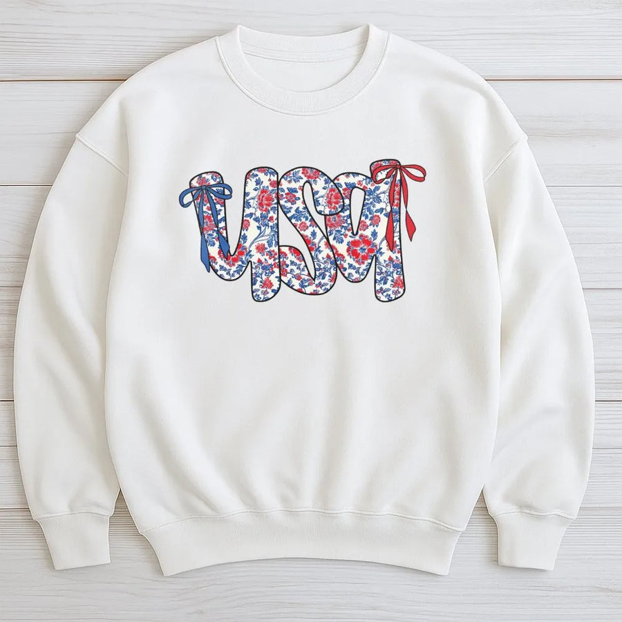 USA Floral Sweatshirt | Coquette Bow Americana Design | Soft Cotton Blend | Patriotic Gift for Her July 4th Independence Day