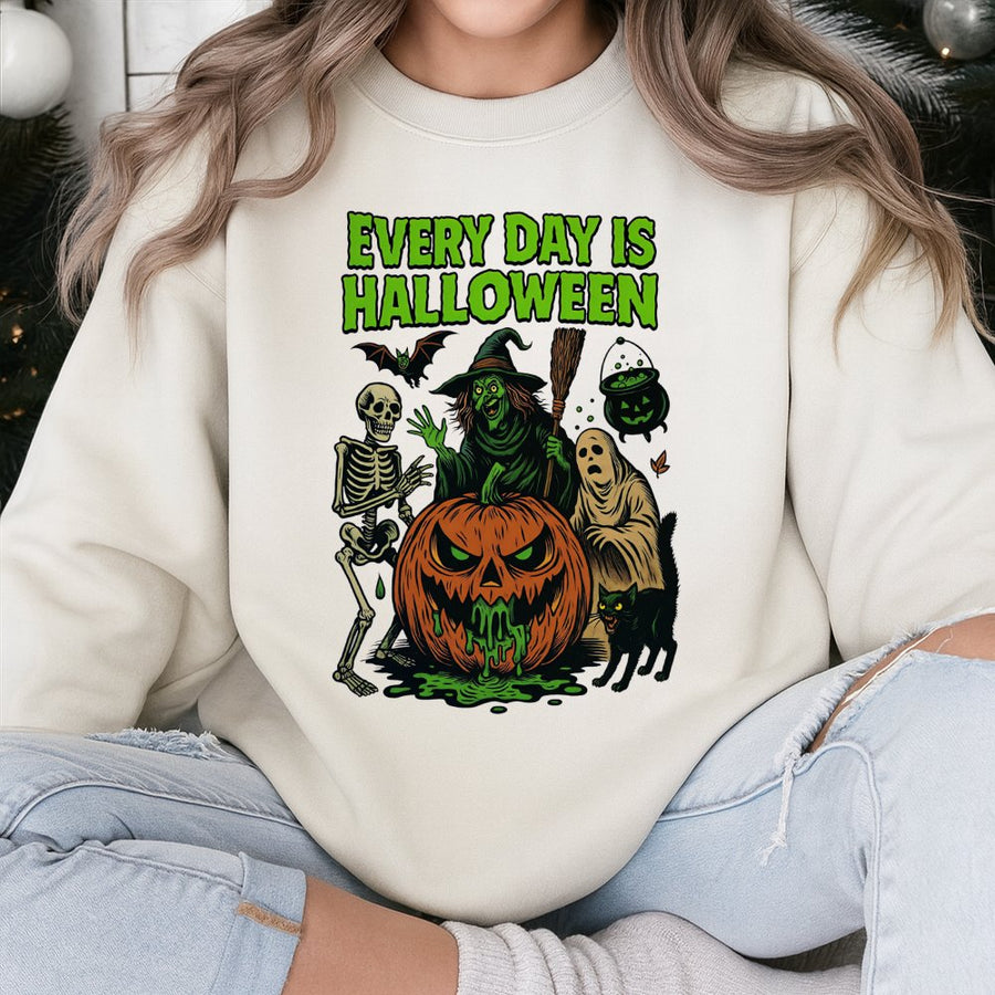 Every Day Is Halloween Sweatshirt | Spooky Witch Skeleton Pumpkin Graphic | Premium Cotton Blend | Unisex Horror Lover Gift