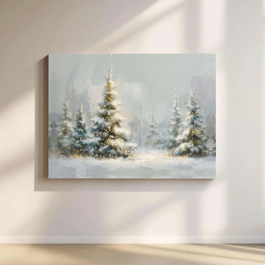 Snowy Winter Forest Canvas | Glowing Christmas Tree Art Print | Premium Gallery Wrap Decor | Holiday Home Wall Art Gift