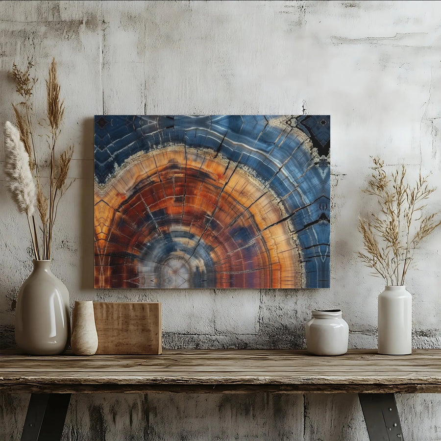 Petrified Wood Tree Ring Canvas Wall Art | Abstract Blue And Burnt Orange Decor | Gallery-Wrapped Premium Print | Modern Nature Home Gift