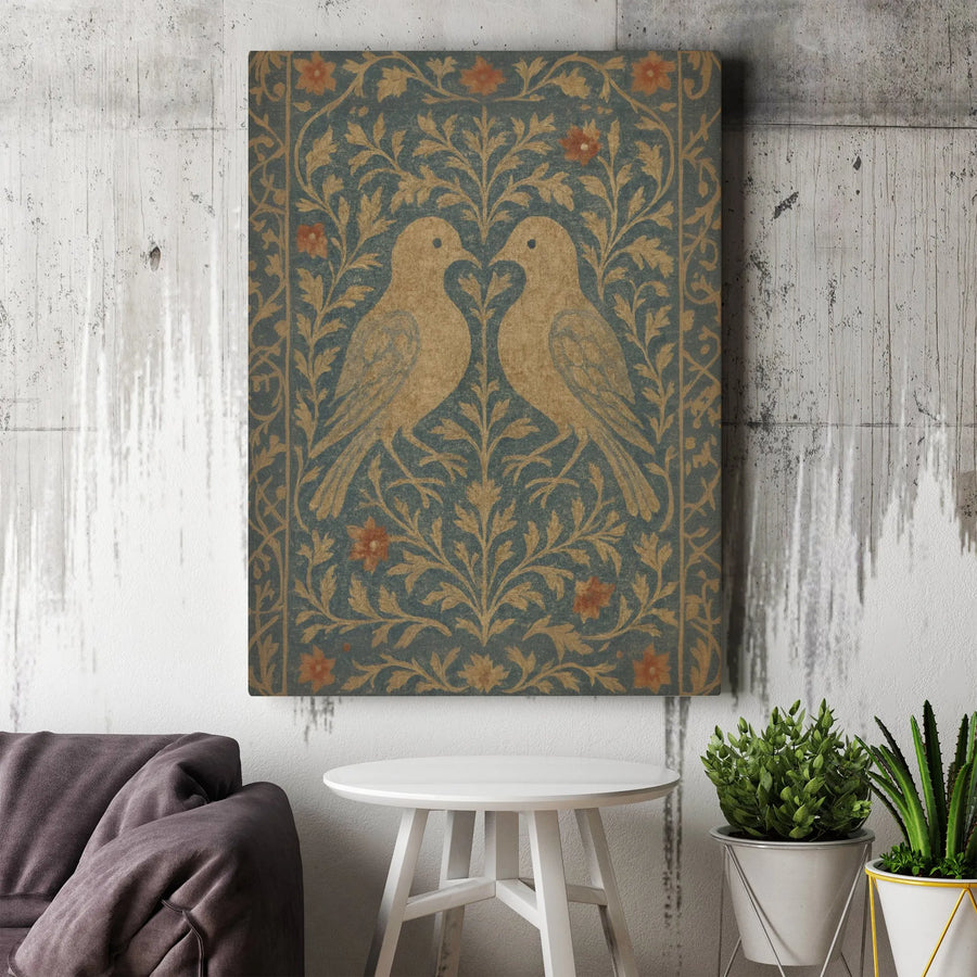 Two Birds Wall Art | Vintage Floral Heart Canvas Print | Premium Gallery Wrapped Decor | Romantic Botanical Home Gift