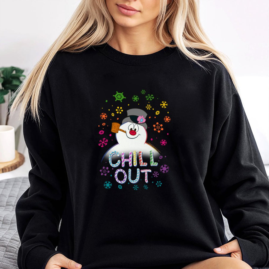 Chill Out Snowman Sweatshirt | Colorful Winter Snowflake Graphic | Premium Cotton Blend | Funny Christmas Holiday Gift for Adults