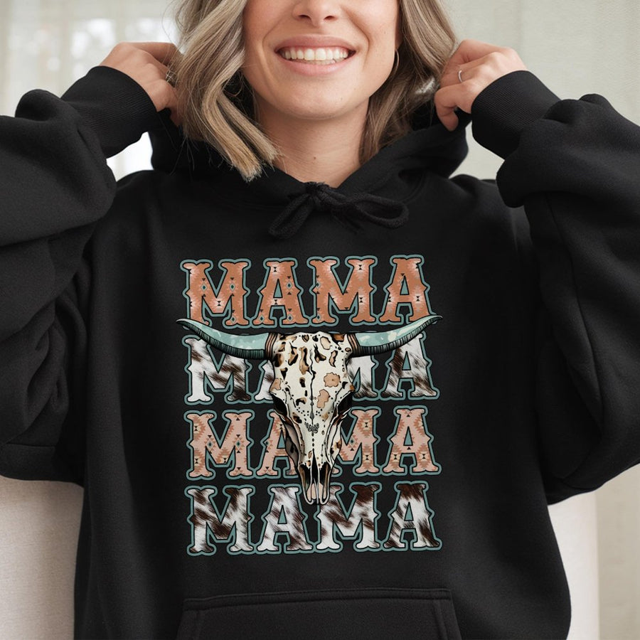 Western Mama Hoodie | Boho Cow Skull Graphic Design | Premium Cotton Blend | Gift For Country Moms And Rodeo Lovers