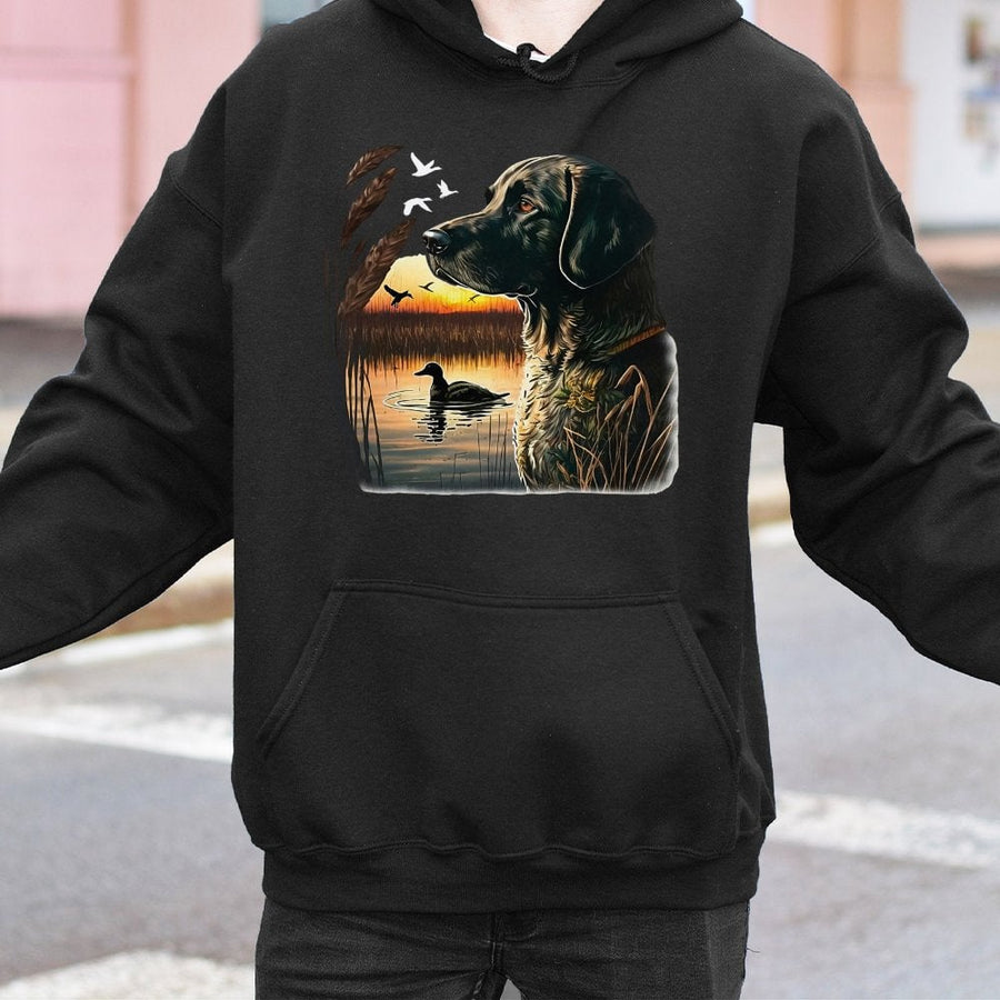 Hunting Dog Hoodie | Duck Hunting Sunset Graphic | Premium Cotton Blend | Gift for Outdoorsmen and Hunters