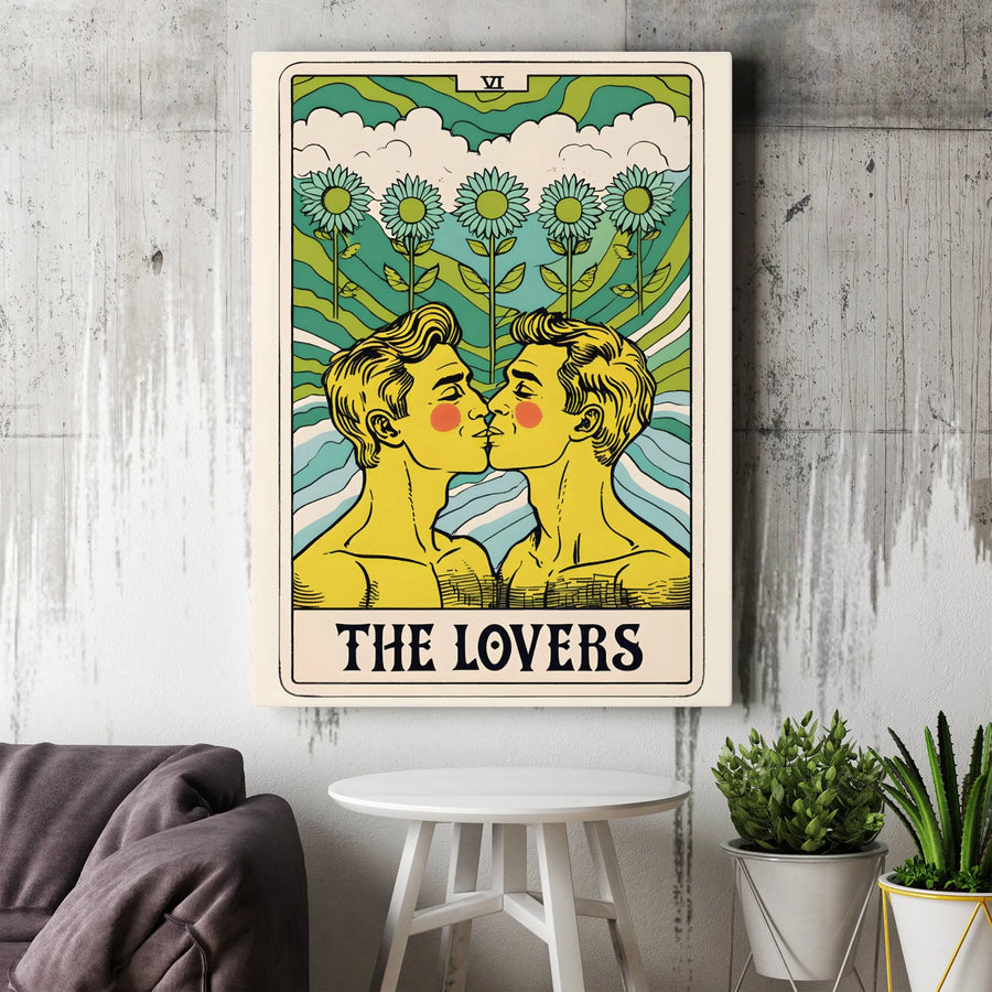 The Lovers Tarot Card Wall Art | Gay Couple Kissing Illustration | Premium Gallery Wrapped Canvas | Spiritual Pride Gift for Home Decor