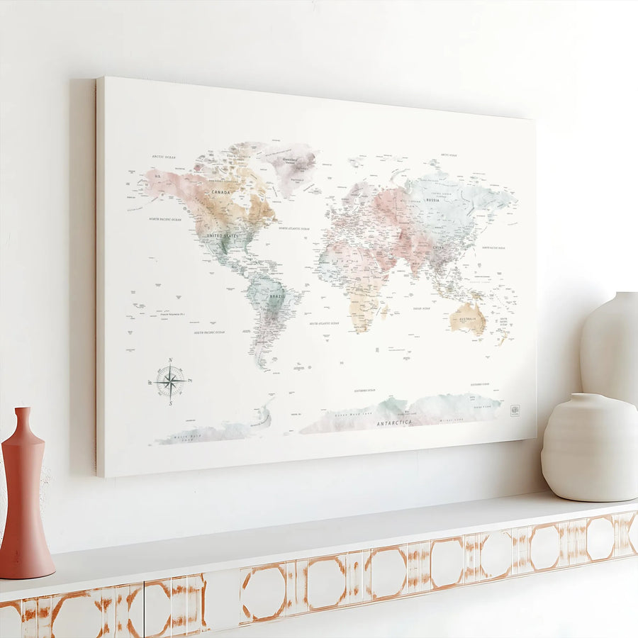 Watercolor World Map Canvas Print | Large Decorative Wall Art | Premium Gallery Wrap Wooden Frame | Travel Gift for Home and Office Decor
