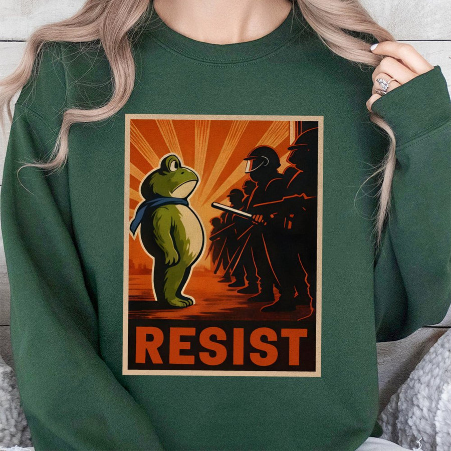 Resist Frog Sweatshirt | Retro Activist Protest Graphic Art | Cotton Blend Premium Pullover | Unisex Gift for Social Justice Supporters