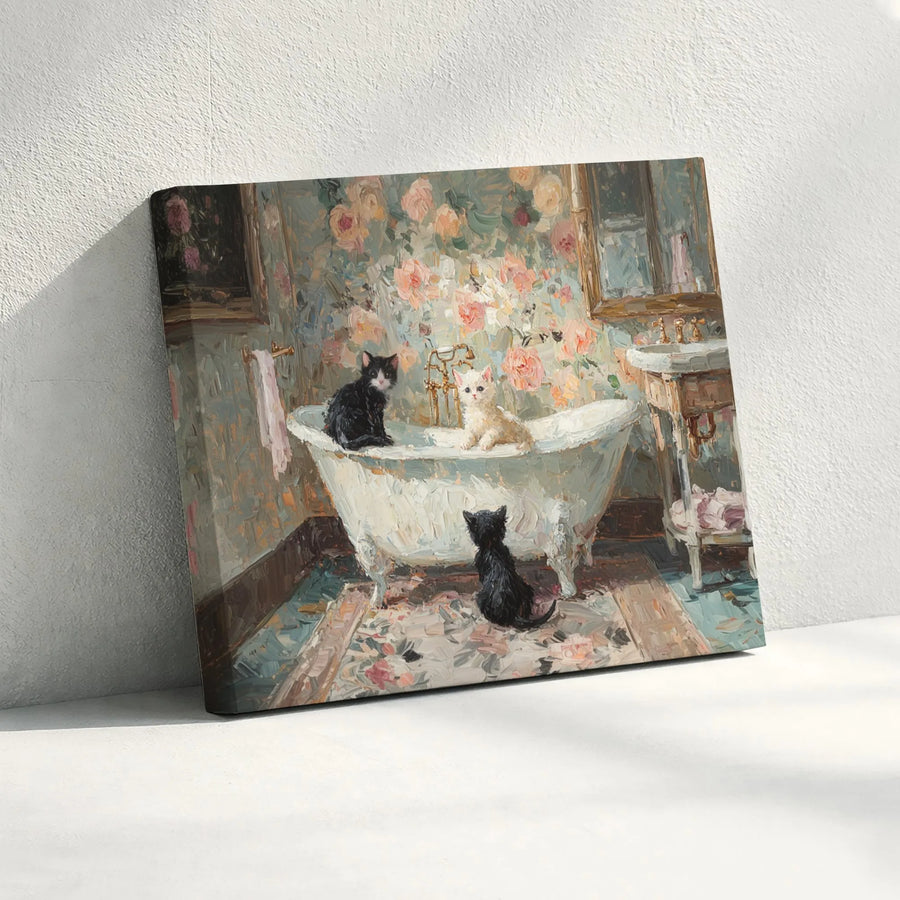 Kittens in Clawfoot Tub Canvas Wall Art | Impressionist Oil Painting Style | Premium 1.25-inch Thick Gallery Wrap | Cute Cat Lover Home Decor Gift