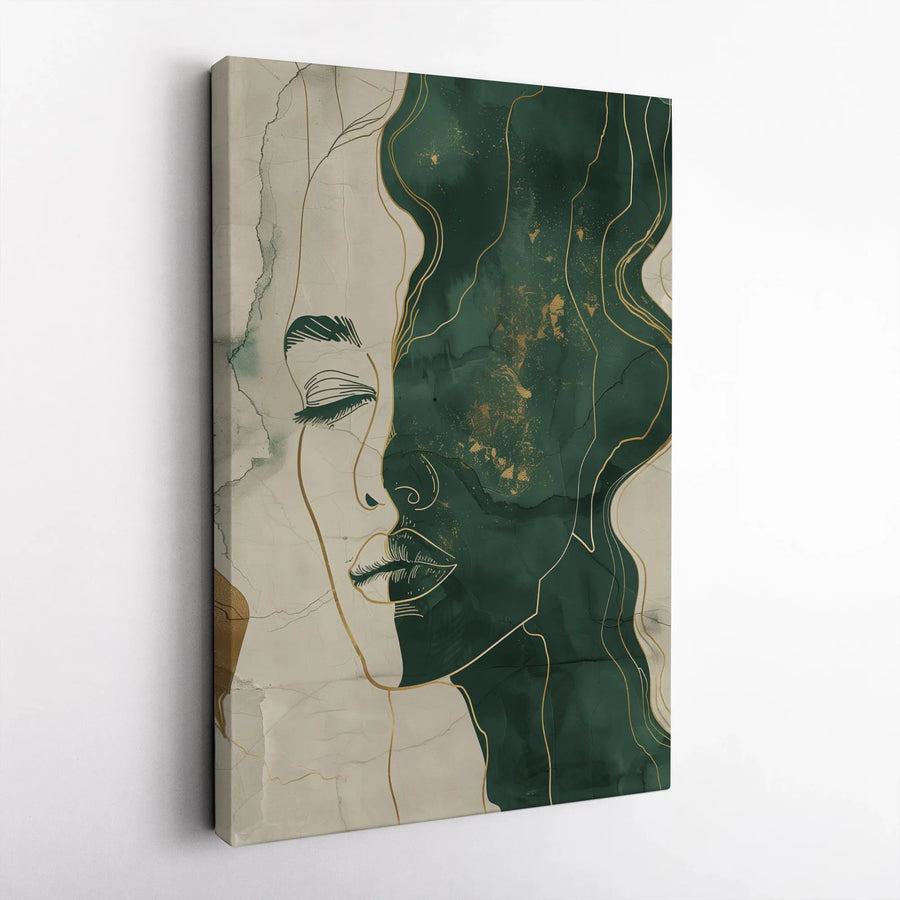 Abstract Woman Face Canvas Wall Art | Emerald Green and Gold Line Drawing | Premium Gallery Wrapped Decor | Modern Aesthetic Home Gift