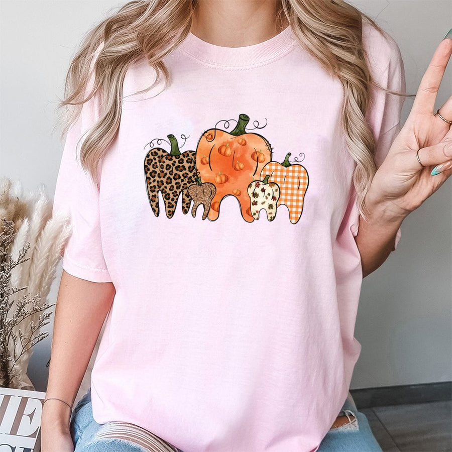 Dentist Thanksgiving T-Shirt | Funny Leopard Print Pumpkin Tooth Graphic | 100% Cotton Premium Tee | Cute Dental Hygienist Fall Gift