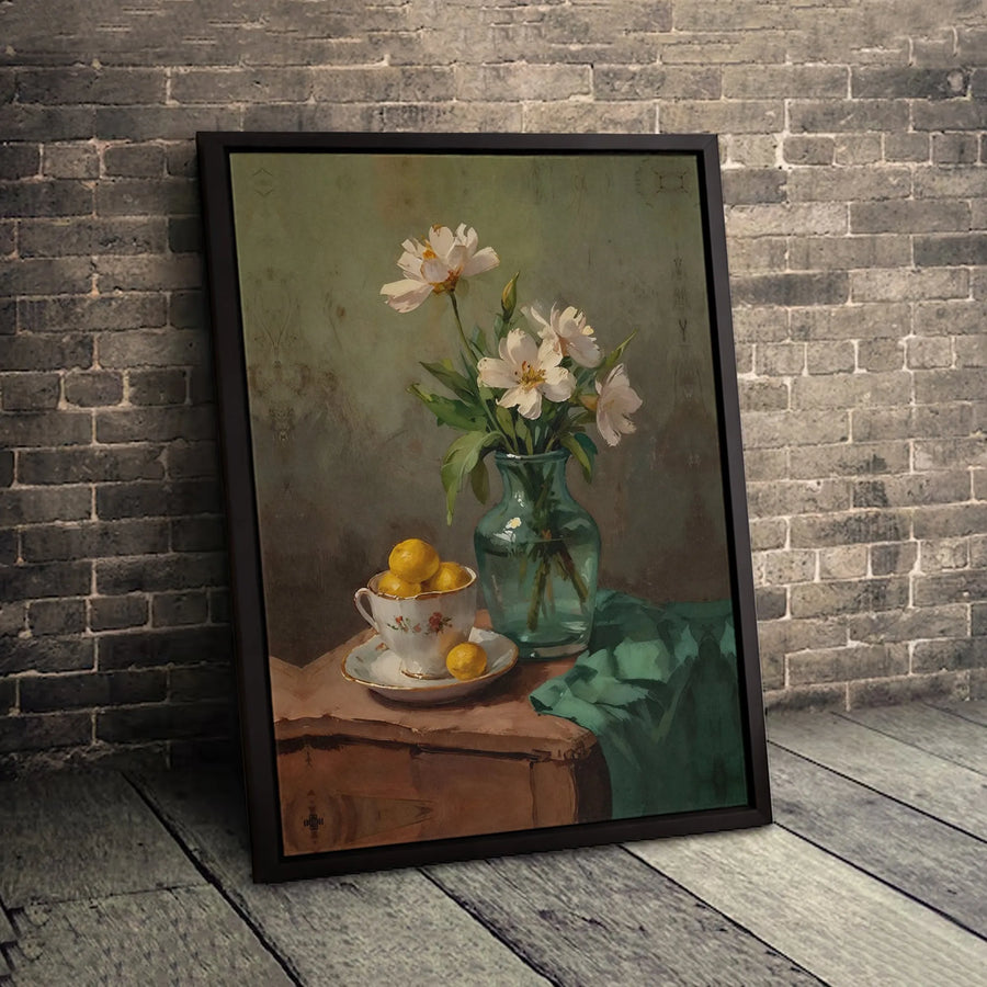 Still Life Floral Canvas Print | Vintage Lemon and White Flower Oil Painting Style | Premium 1.25 Inch Gallery Wrap | Kitchen and Dining Home Decor