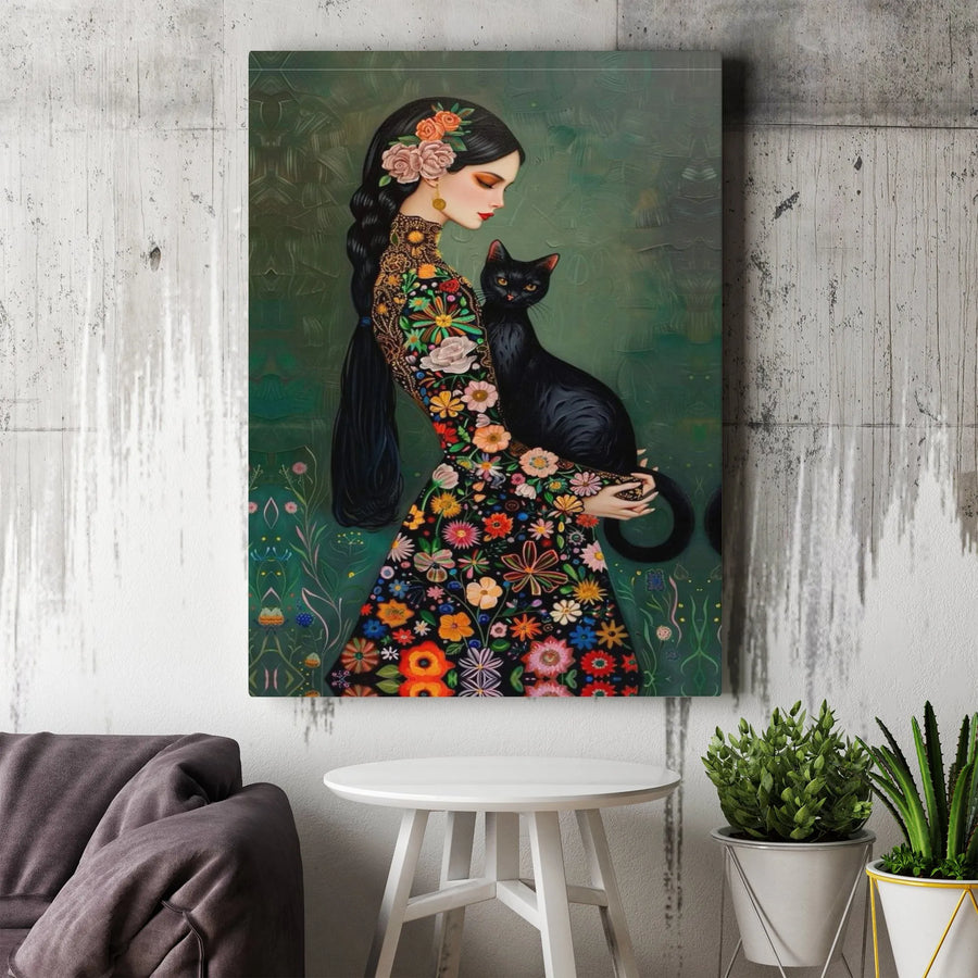 Black Cat Wall Art | Whimsical Woman in Floral Dress Illustration | Premium Gallery Wrapped Canvas | Moody Botanical Home Decor Gift