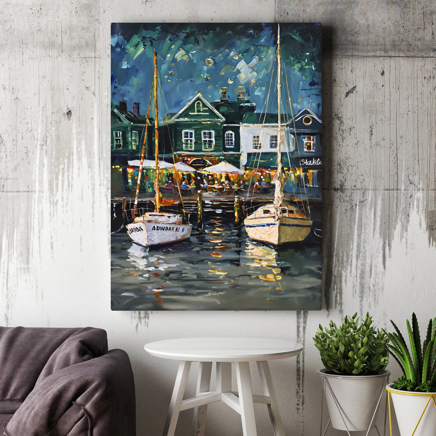 Sailboat Harbor Wall Art | Night Nautical Seascape Painting | Premium Gallery-Wrapped Canvas | Coastal Home Decor Gift for Boating Lovers