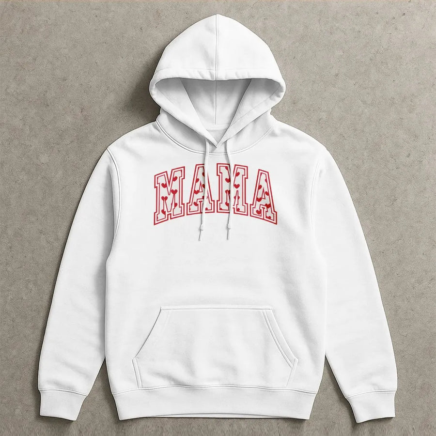 Mama Hoodie Heart Pattern | Varsity Letter Graphic Print | Cotton-Poly Premium Blend | Valentine's Day Gift for Mom