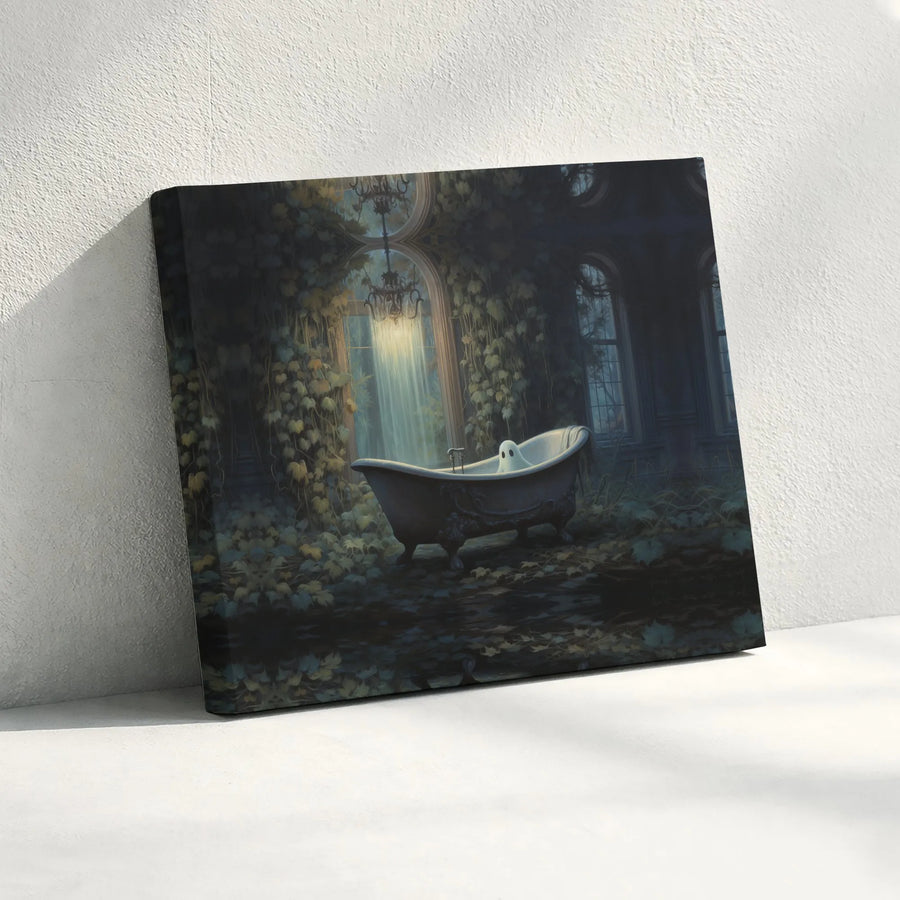 Ghost In Clawfoot Bathtub Canvas Art | Dark Academia Gothic Bathroom Decor | Gallery Quality Premium Wall Print | Spooky Victorian Home Gift
