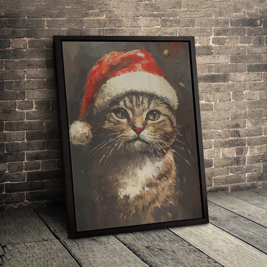Christmas Cat Wall Art | Painterly Tabby in Santa Hat Canvas | Gallery Wrapped Premium Print | Festive Holiday Home Decor Gift