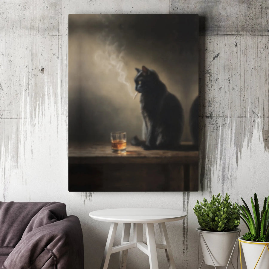 Black Cat Smoking Canvas Art | Moody Whiskey Bar Aesthetic | Premium Gallery Wrap Print | Unique Gift for Cat Lovers & Home Office Decor