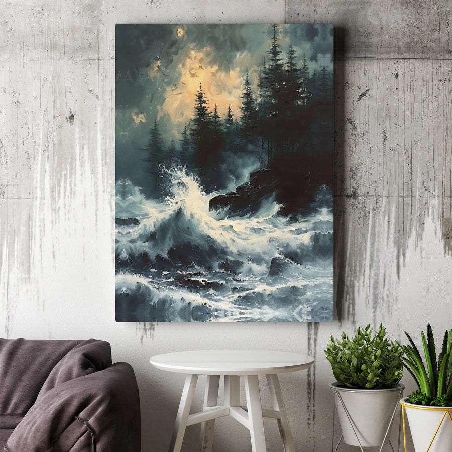 Stormy Ocean Wall Art | Crashing Waves And Pine Forest Canvas Print | Premium Gallery Wrap 1.25" Profile | Moody Coastal Decor For Home Or Office